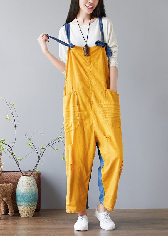 Fashion Yellow Pockets Patchwork Denim Jumps Suit