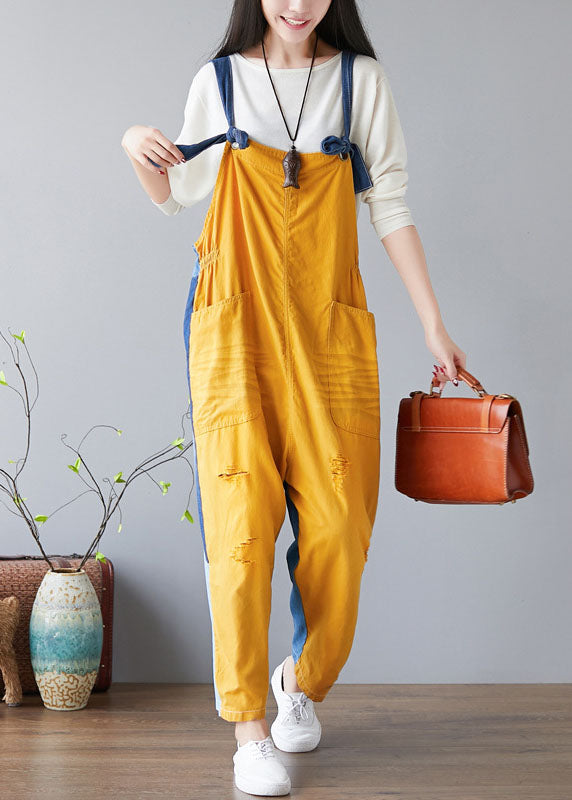 Fashion Yellow Pockets Patchwork Denim Jumps Suit