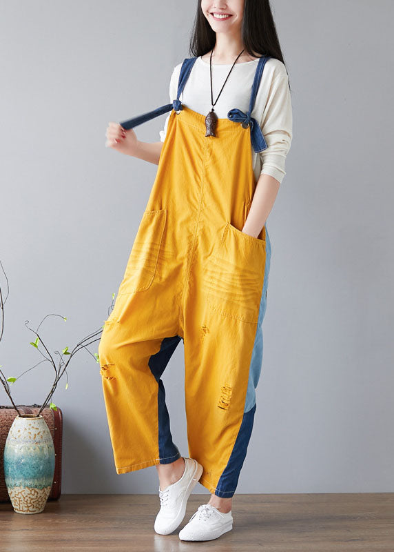 Fashion Yellow Pockets Patchwork Denim Jumps Suit