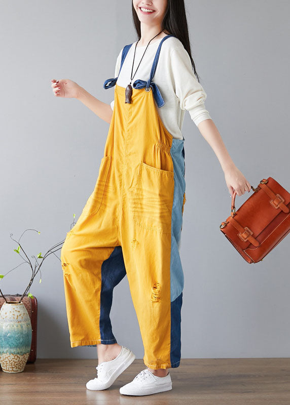 Fashion Yellow Pockets Patchwork Denim Jumps Suit