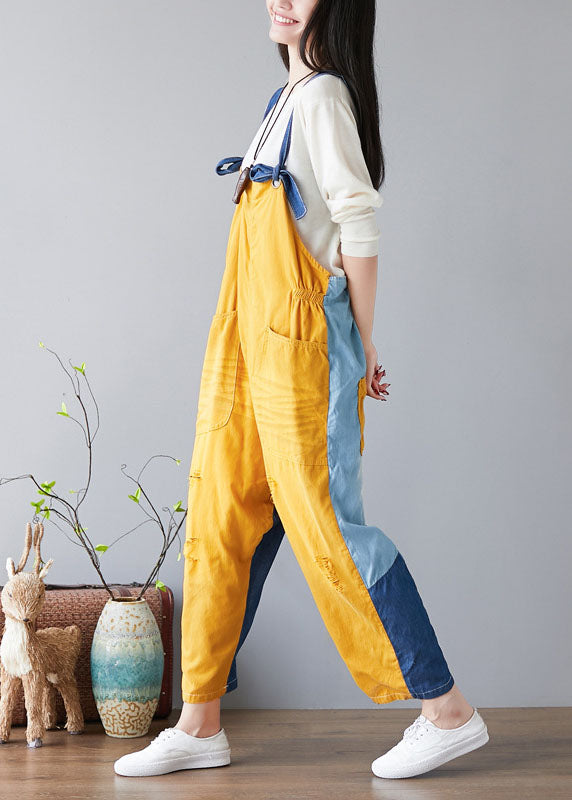 Fashion Yellow Pockets Patchwork Denim Jumps Suit