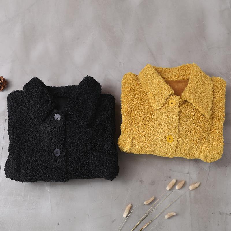 Fashion black woolen coats casual lapel Button jackets - SooLinen