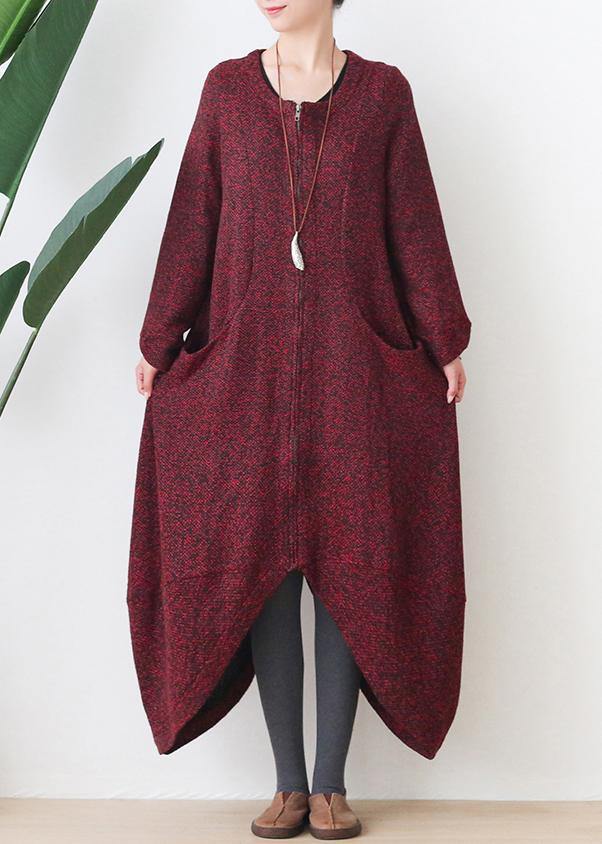 Fashion oversize medium length coat winter coats red v neck asymmetric Wool jackets - SooLinen