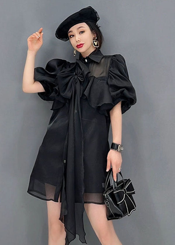 Fine Black Peter Pan Collar Bow Mariffon Long Shirt Tops Lantern Sleeve