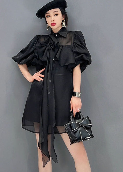 Fine Black Peter Pan Collar Bow Mariffon Long Shirt Tops Lantern Sleeve