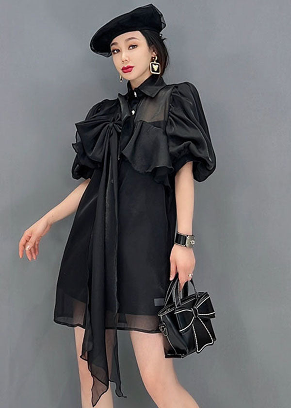 Fine Black Peter Pan Collar Bow Mariffon Long Shirt Tops Lantern Sleeve