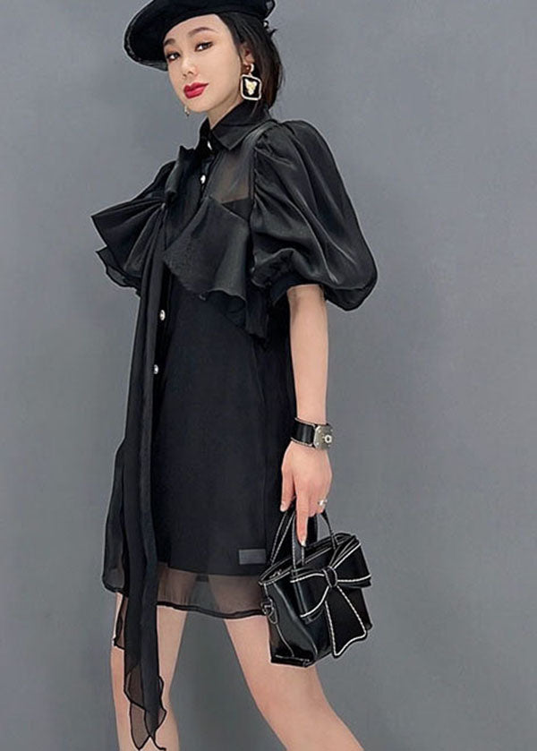 Fine Black Peter Pan Collar Bow Mariffon Long Shirt Tops Lantern Sleeve