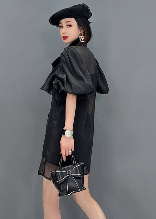 Fine Black Peter Pan Collar Bow Mariffon Long Shirt Tops Lantern Sleeve