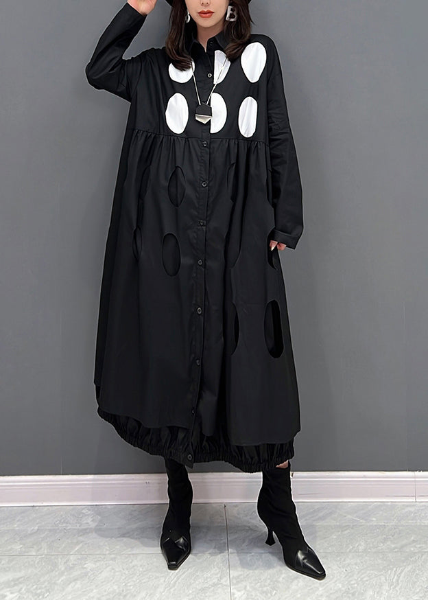 Fine Black Peter Pan Collar Dot Button Robes maxi Fall