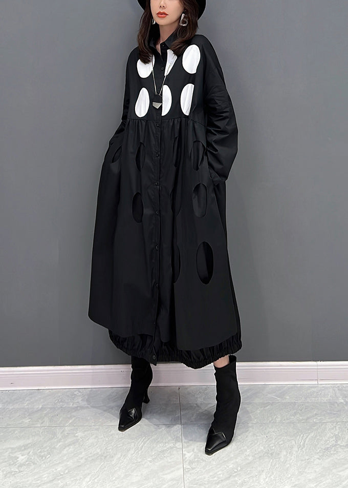 Fine Black Peter Pan Collar Dot Button Robes maxi Fall