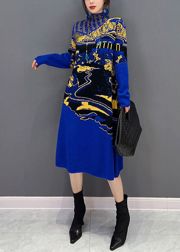 Fine Blue Hign Neck Print Knit Long Dresses Winter