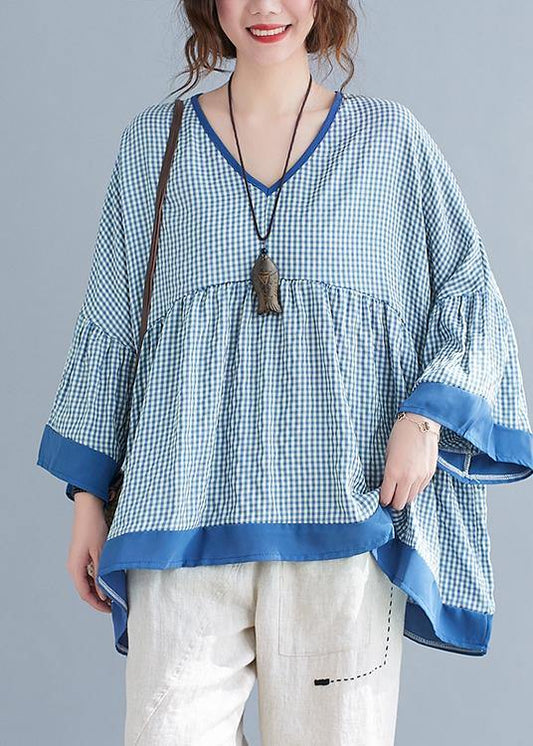 Fine Blue Plaid Patchwork flare sleeve Top Spring Summer - SooLinen