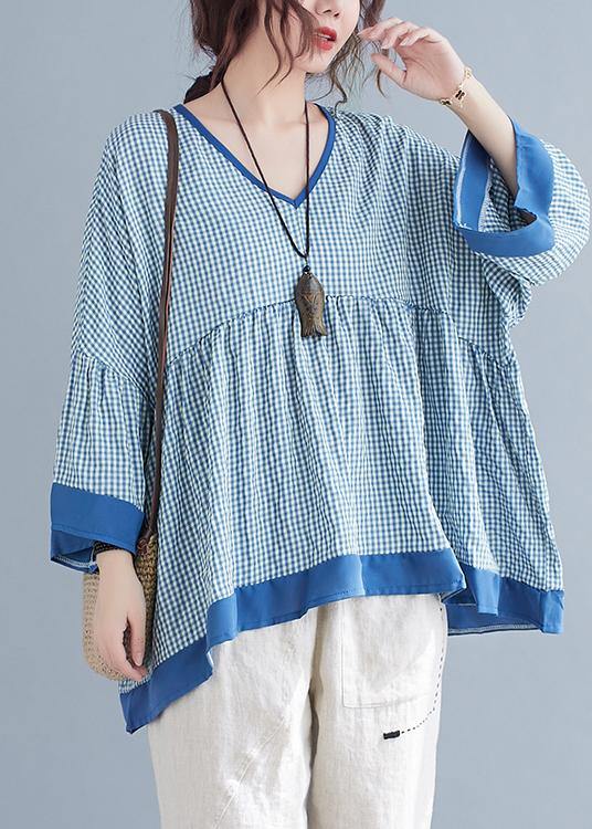 Fine Blue Plaid Patchwork flare sleeve Top Spring Summer - SooLinen