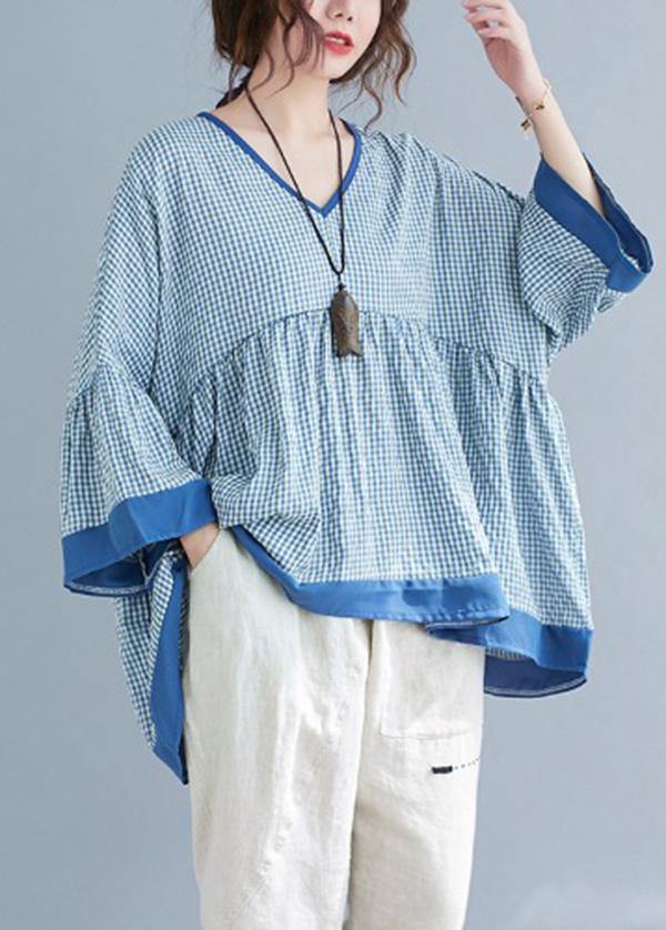 Fine Blue Plaid Patchwork flare sleeve Top Spring Summer - SooLinen