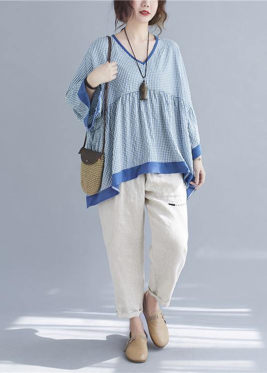 Fine Blue Plaid Patchwork flare sleeve Top Spring Summer - SooLinen