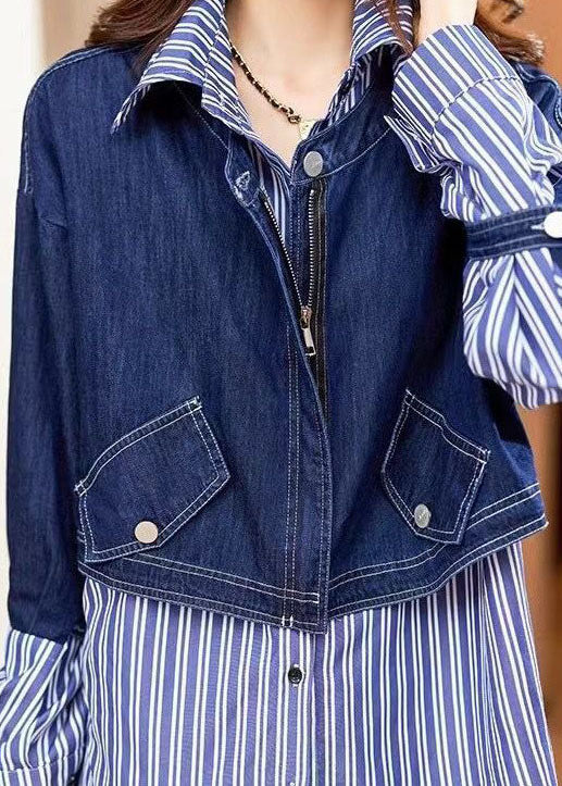 Bouton bleu fin Peter Pan Collar Denim Patchwork Chemises rayées Spring