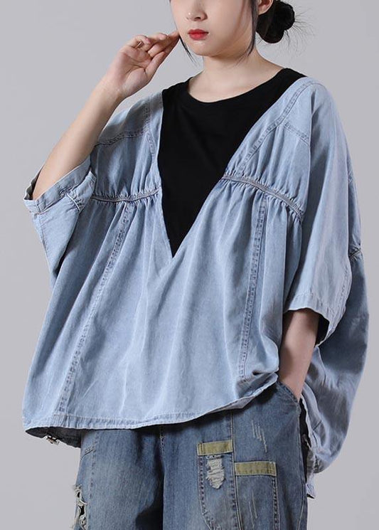 Fine Denim blue Patchwork Black Cotton Loose Shirts Summer - SooLinen