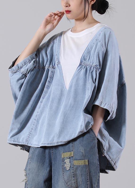 Fine Denim blue Patchwork Black Cotton Loose Shirts Summer - SooLinen