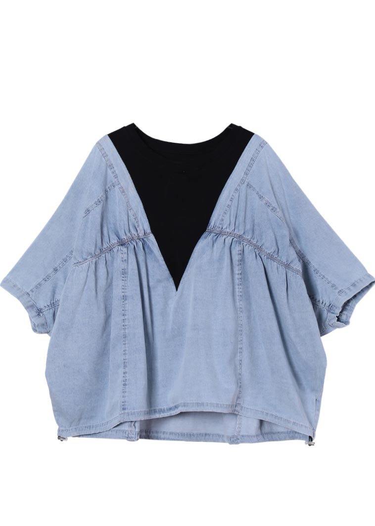 Fine Denim blue Patchwork Black Cotton Loose Shirts Summer - SooLinen