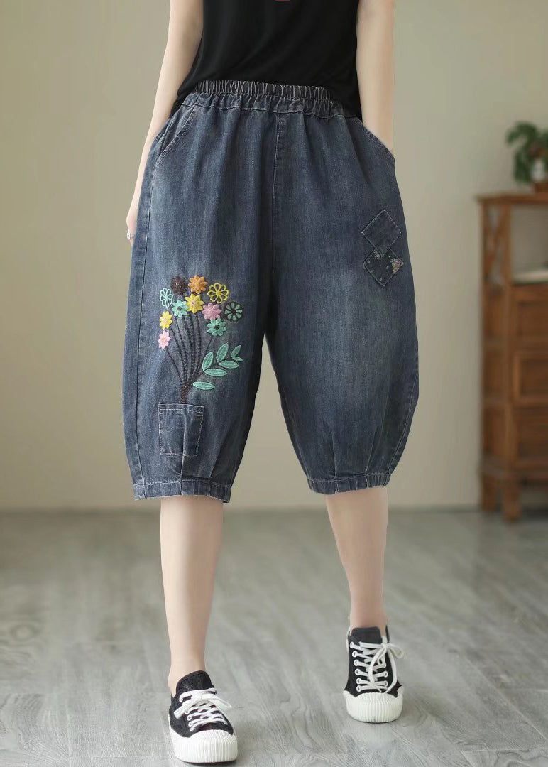 Fine marine brodé de pantalon de harem de denim floral brodé été