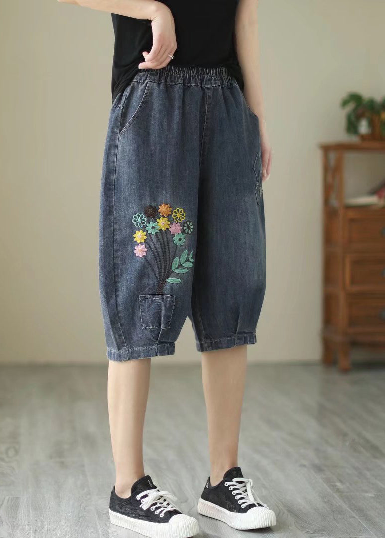 Fine marine brodé de pantalon de harem de denim floral brodé été