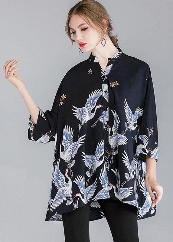 Fine Navy Stand Collar Asymmetrical Design Fall Three Quarter Sleeve Shirt Top - SooLinen