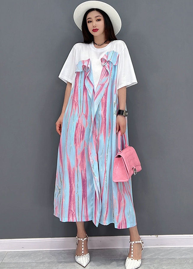 Fine Pink Asymmetrical Patchwork Ruffles Cotton Holiday Dress Short Sleeve