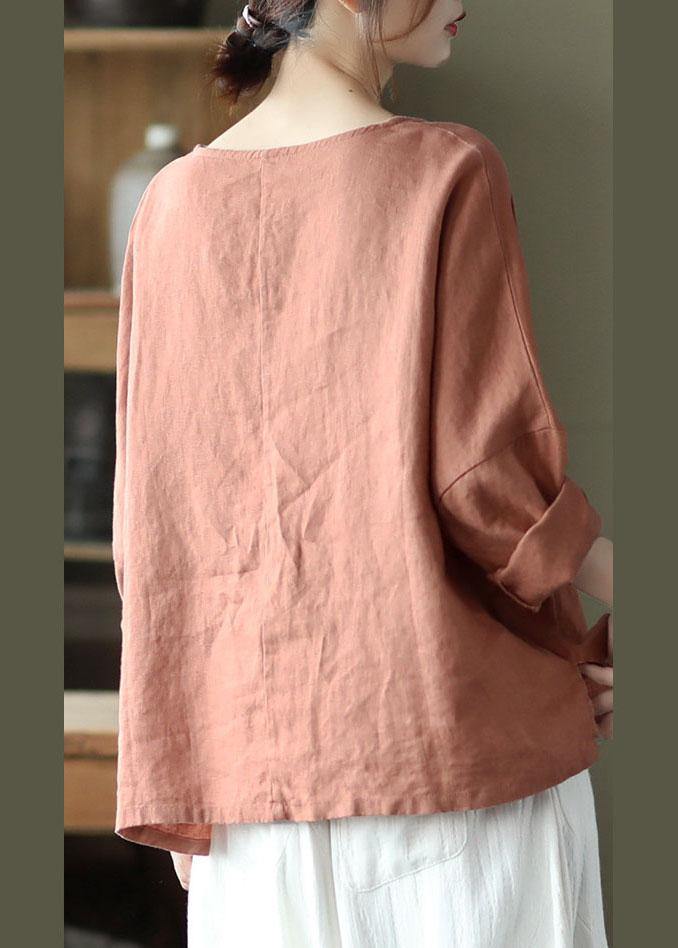 Fine Pink Oriental Retro O-Neck Fall Linen Long Sleeve Blouse Tops - SooLinen