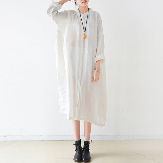 Fine White linen shirt dresses plus size women dress 2024 autumn