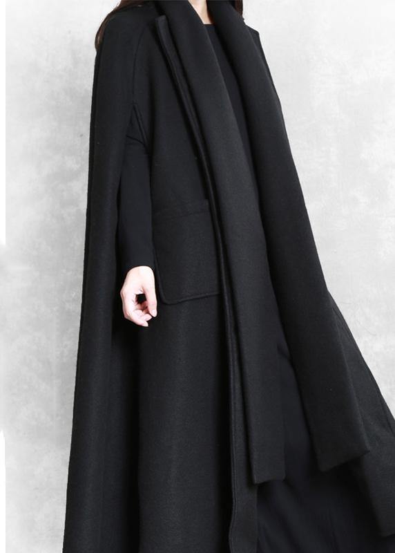 Fine oversize long coat black pockets exra large hem woolen outwear - SooLinen