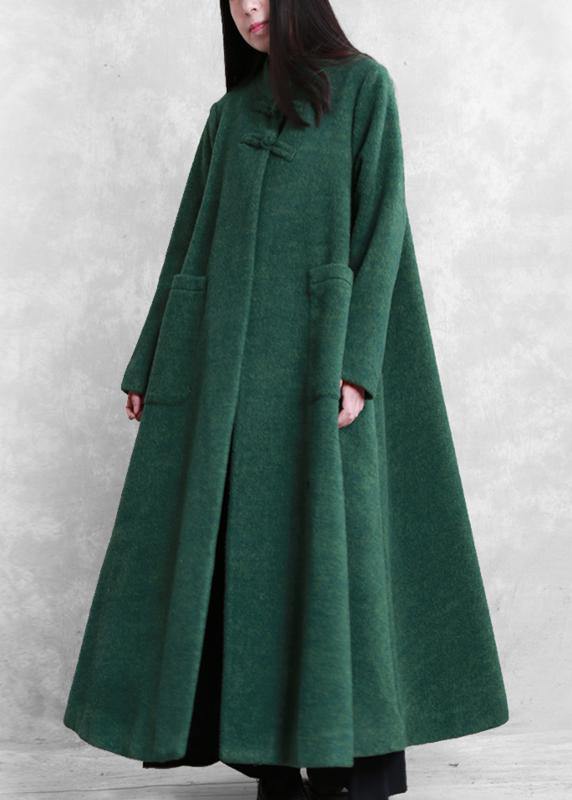 Fine plus size Coats coat green stand collar pockets woolen coats - SooLinen