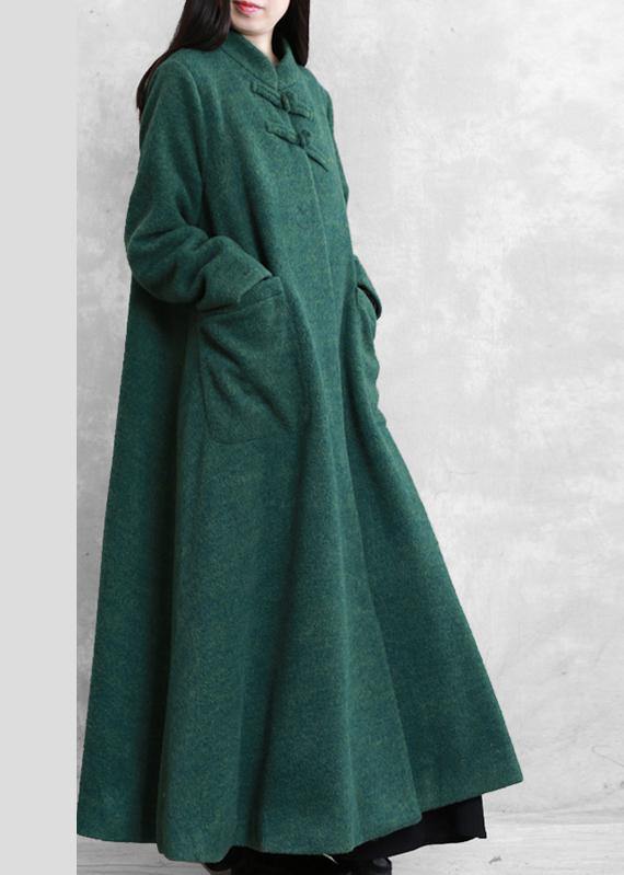 Fine plus size Coats coat green stand collar pockets woolen coats - SooLinen