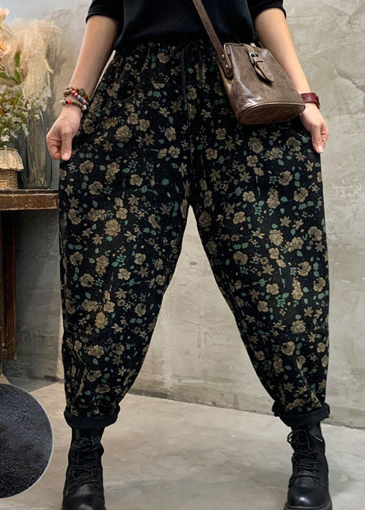 Pantalon en denim floral doublé noir ajusté Hiver