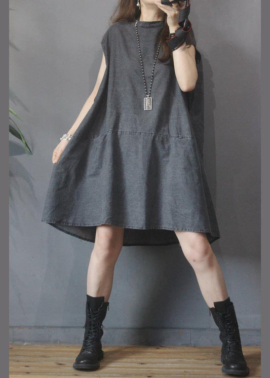 Fitted Black Grey O-Neck low high design Summer Denim Mid Dress - SooLinen