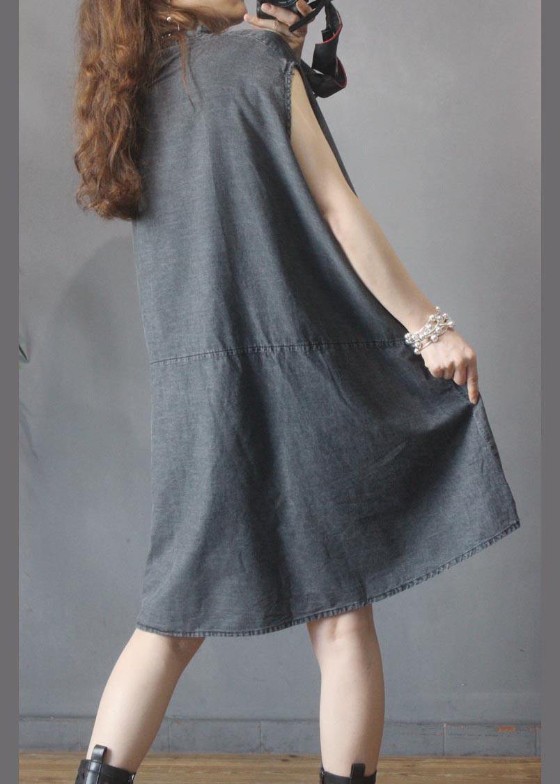 Fitted Black Grey O-Neck low high design Summer Denim Mid Dress - SooLinen