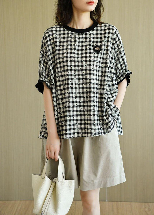 Fitted Black White Plaid O-Neck Print Summer Top Half Sleeve - SooLinen