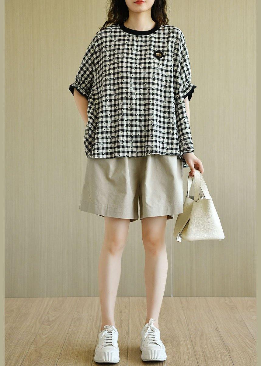 Fitted Black White Plaid O-Neck Print Summer Top Half Sleeve - SooLinen