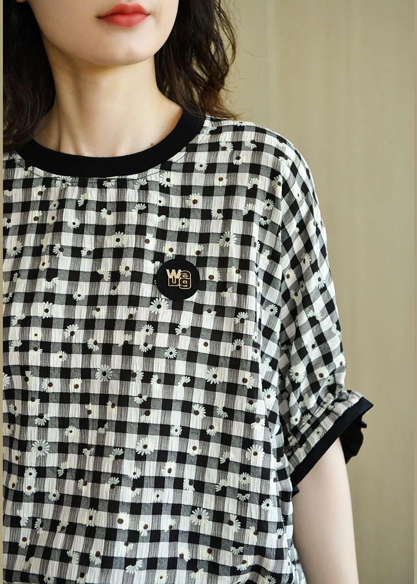 Fitted Black White Plaid O-Neck Print Summer Top Half Sleeve - SooLinen