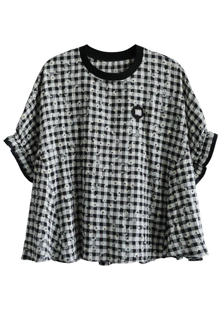 Fitted Black White Plaid O-Neck Print Summer Top Half Sleeve - SooLinen