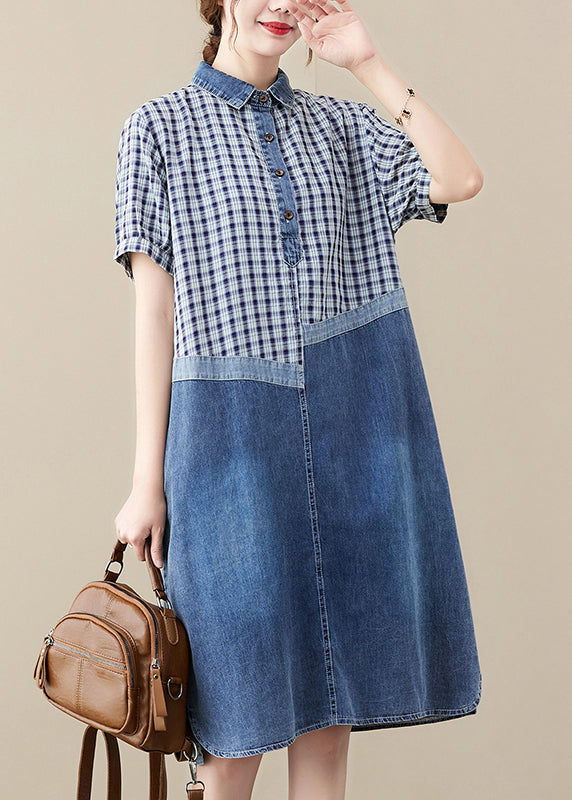 Blue Blue Peter Pan Collar Patchwork plaid en denim Long Robe Summer