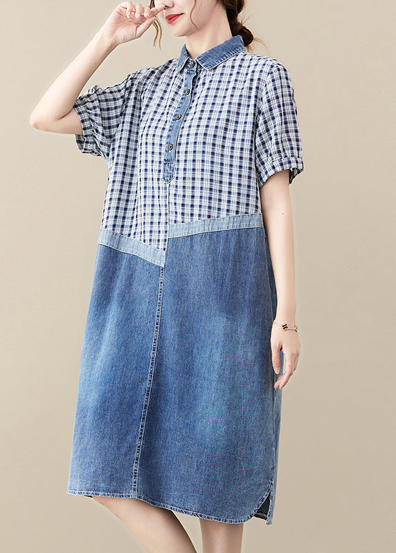 Blue Blue Peter Pan Collar Patchwork plaid en denim Long Robe Summer