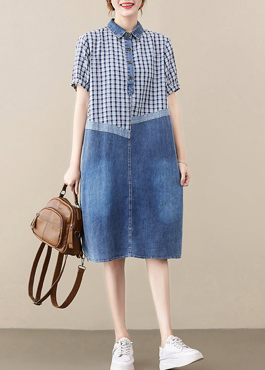 Blue Blue Peter Pan Collar Patchwork plaid en denim Long Robe Summer