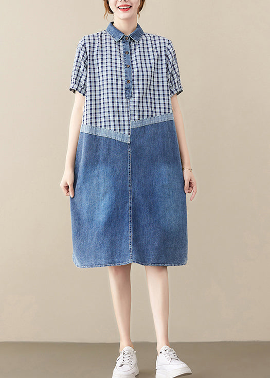 Blue Blue Peter Pan Collar Patchwork plaid en denim Long Robe Summer