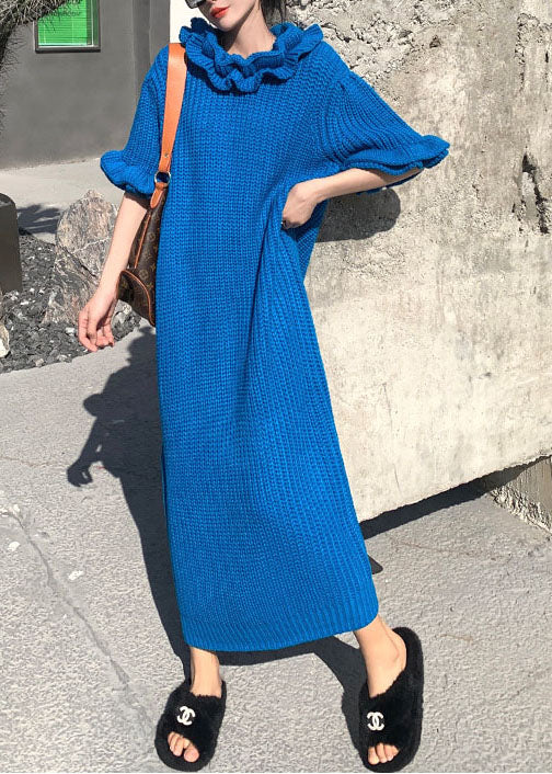 Robe de cheville en tricot à volants bleu ajusté Sleeve de pétale