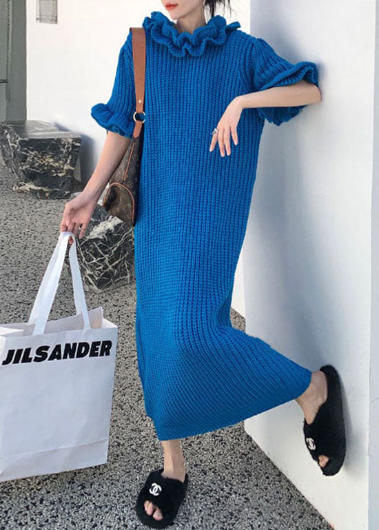 Robe de cheville en tricot à volants bleu ajusté Sleeve de pétale