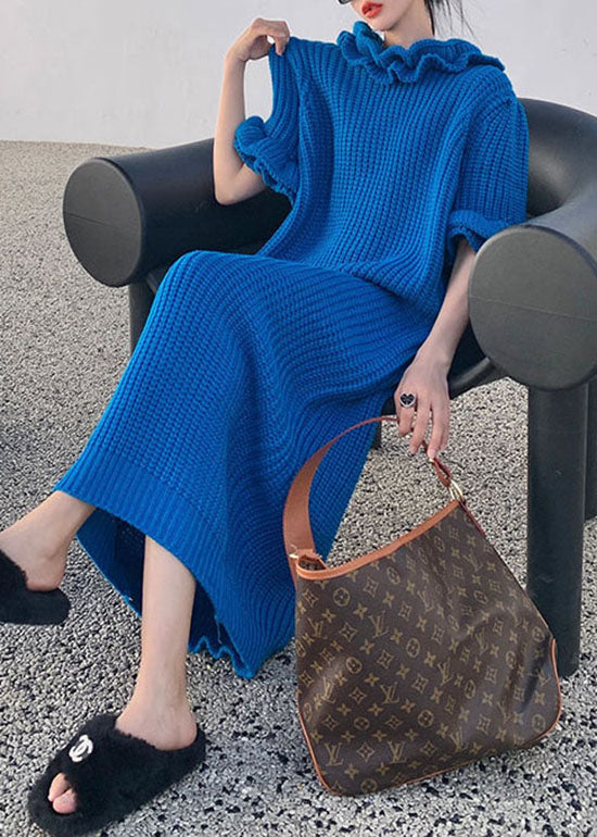 Robe de cheville en tricot à volants bleu ajusté Sleeve de pétale