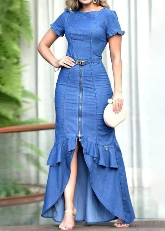 Fitted Blue Ruffled Zip Up Patchwork Denim Long Dress Summer