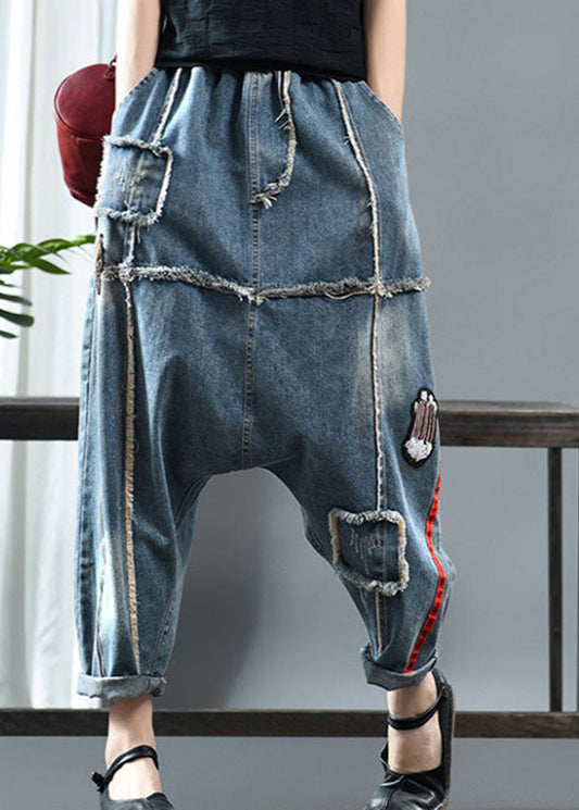 Fitted Denim blue Patchwork Print fashion Fall Pants