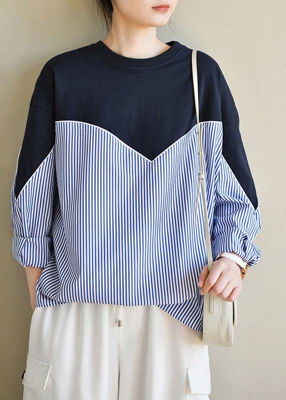 Fitted Navy Patchwork Striped Long sleeve Spring Blouses - SooLinen