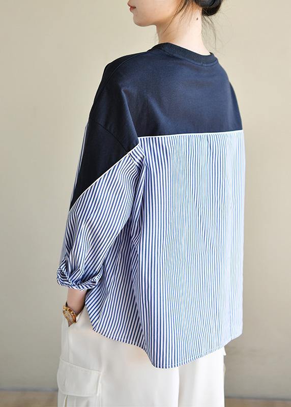 Fitted Navy Patchwork Striped Long sleeve Spring Blouses - SooLinen